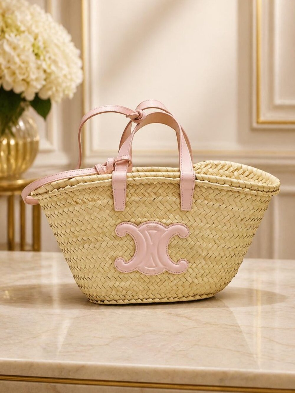 Authentic Celine Triomphe Straw Basket Bag Pink Leather Trim Summer Tote Woven